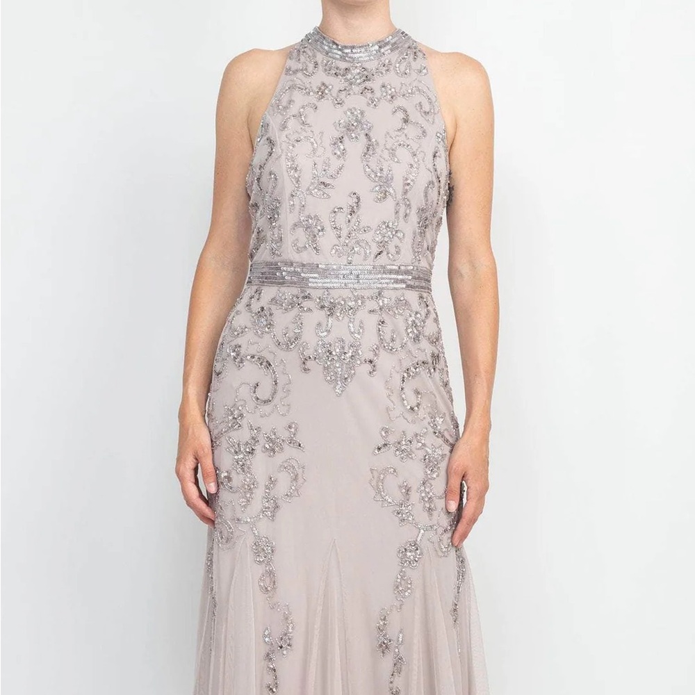 Adrianna Papell Silver Embellished Halter Maxi Dress Gown